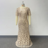 Spring Fall Women Round Neck Short Sleeve Mesh Embroidery Plus Size Mermaid Dress