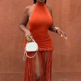 Women Spring Fringed Halter Neck Sexy Backless Dress