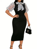 Plus Size Women Polka Dot Tulle Sleeve Bow Bodycon Dress