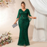 Summer Fall Women V Neck Stretch Sequin Short Sleeve Shawl Plus Size Mermaid Dress