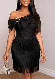Women Jacquard Sexy Formal Party Black Slash Shoulder Rhinestone Bow Fringed Dress