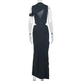 Women Solid Hollow Out Crop Irregular High Neck Sleeveless Long Dress