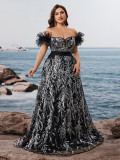 Women Plus Size Off Shoulder Sequin Feather A Line Long Party Evening Dress
