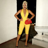 Women Summer Polka Dot Printed Sleeveless Halter Neck Lace-Up Backless Capri Length Jumpsuit