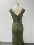 Spring Summer Women Double V Neck Stretch Sequin Lined Evening Dress