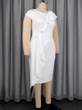 Women Sexy V Neck White Asymmetrical Ruffled Bodycon Dress