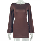 Women Solid Sexy Round Neck Long Sleeve Backless Bodycon Mini Dress