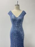 Spring Summer Women Double V Neck Stretch Sequin Lined Evening Dress