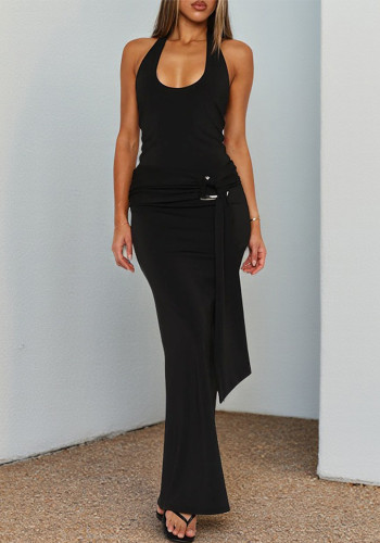 Women Sexy Backless Halter Neck Metal Split Buckle Sash Dress