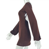 Women Solid Sexy Round Neck Long Sleeve Backless Bodycon Mini Dress