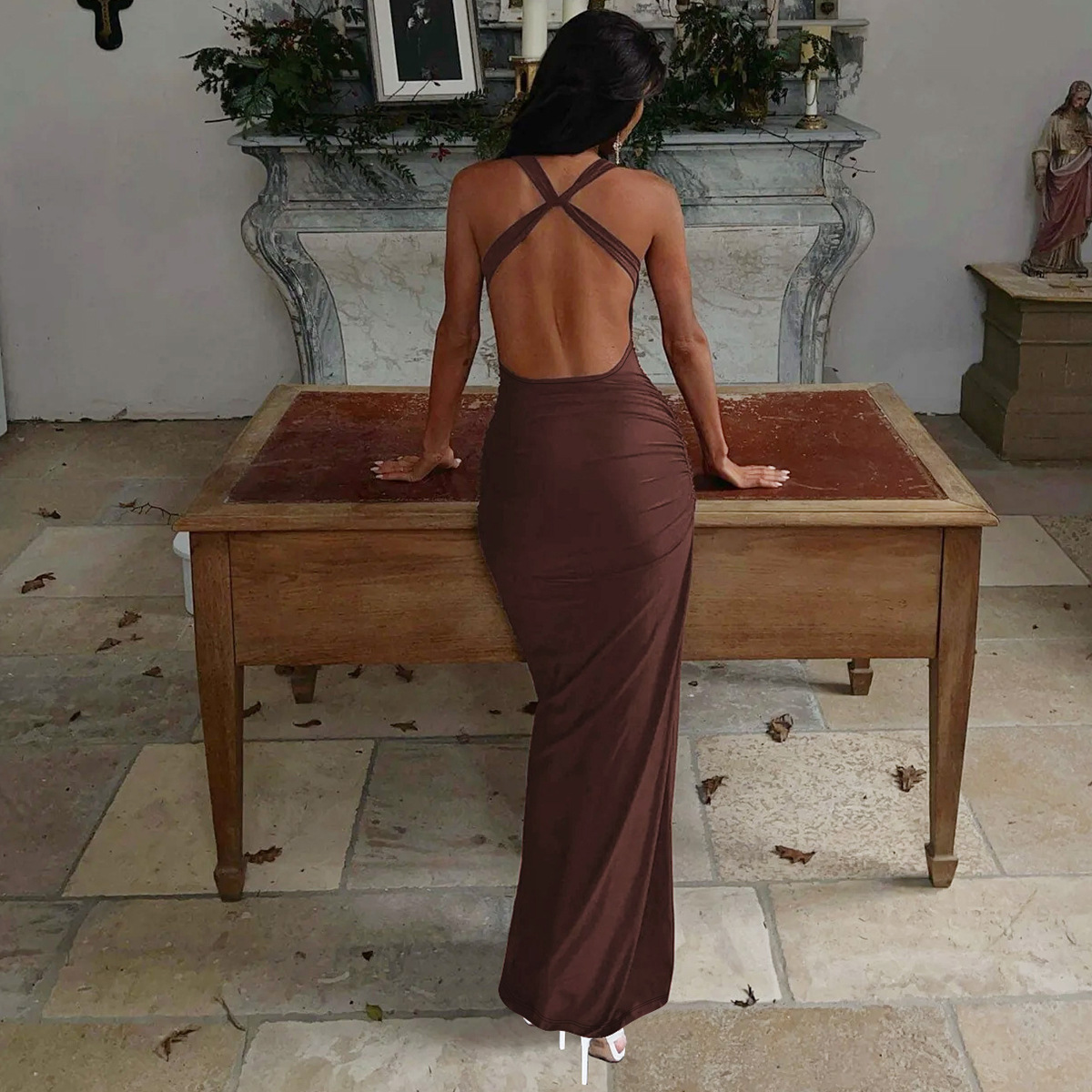Backless Ruffled Lace-Up Maxi Dress for Evening Events