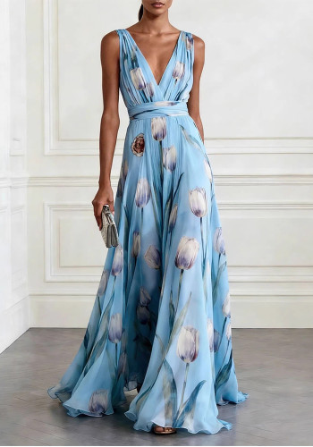 Women Tulip Printed Sleeveless V Neck Maxi Dress