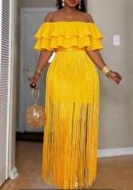 Plus Size Women African Yellow Off Shoulder Fringed Ruffled Formal Party Maxi Dress