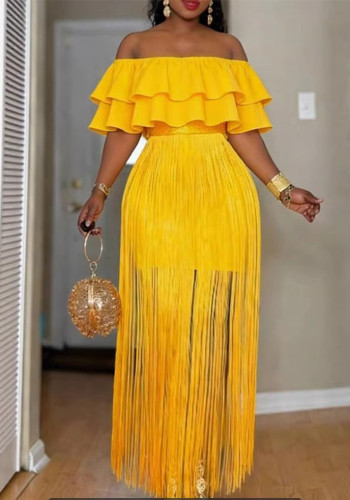 Plus Size Women African Yellow Off Shoulder Fringed Ruffled Formal Party Maxi Dress