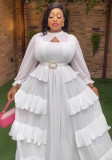 Plus Size Women Cut-Out Rhinestone Belt Multi-Layer Ruffled Formal Party Elegant Pleated Dress