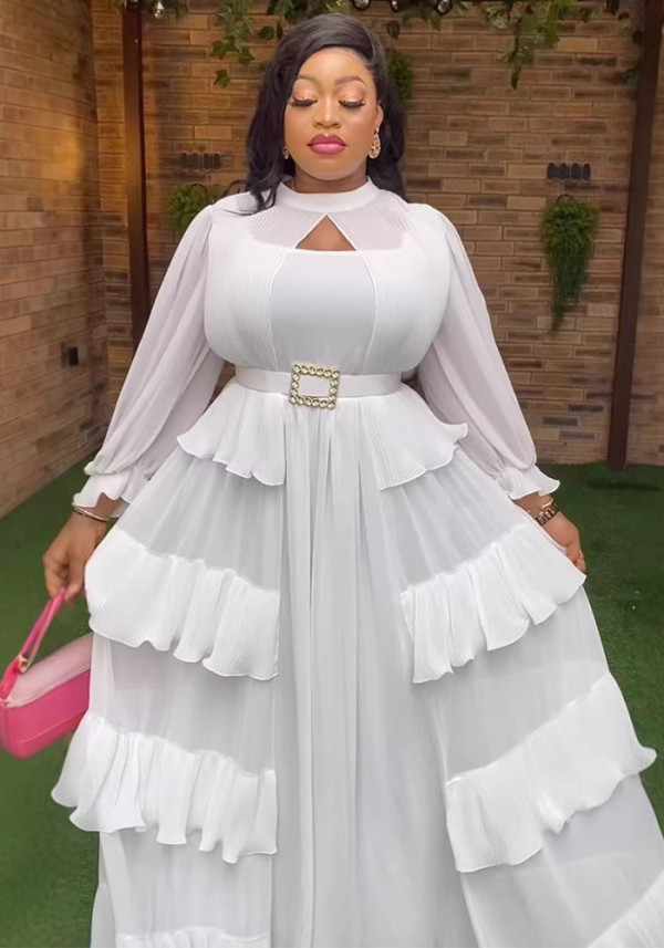 Plus Size Women Cut-Out Rhinestone Belt Multi-Layer Ruffled Formal Party Elegant Pleated Dress