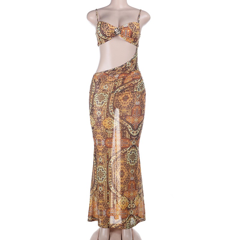 Backless Printed Cover-Up Dress for Holiday Beachwear