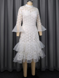 Women White Lace Stand Collar See-Through Cascading Ruffles Bell Bottom Sleeve High Neck Elegant Wedding Bridesmaid Dress