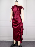Women Burgundy One Shoulder Ruffled Formal Party Bodycon Dress