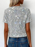Women Silver V Neck Short Sleeve T-Shirt