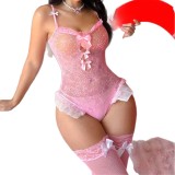 Women Pink Bow Mesh Stockings Lingerie Set