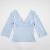 Women Summer V Neck Capri Sleeve Shirred Casual Top T-Shirt
