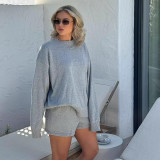 Women Summer Casual Round Neck Striped Patchwork Knitting Top and Shorts Two Piece Set