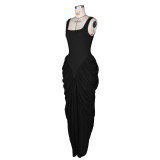 Women Elegant Pleated Bodycon Long Evening Dress