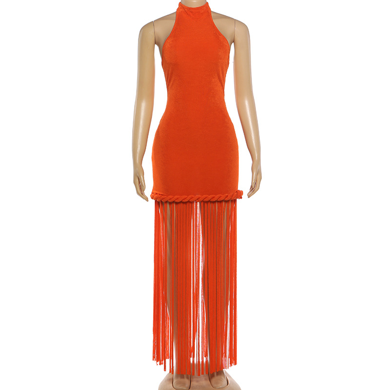 Fringed Halter Backless Dress for Spring Evening Events