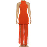 Women Spring Fringed Halter Neck Sexy Backless Dress