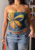 Women Color Block Floral Printed Sleeveless Strapless Holidays Top