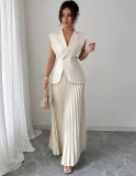 Women Sleeveless V Neck Top and Pleated Midi Skirt Two Piece Set
