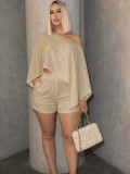 Holiday Women Chic Solid Slash Shoulder Loose Top Shorts Casual Two Piece Set