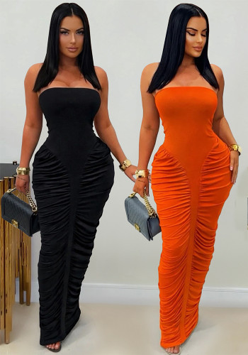 Women Sexy Strapless Ruffled Bodycon Dress