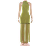 Women Spring Fringed Halter Neck Sexy Backless Dress