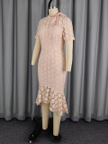 Women Lace Pattern Round Neck Bow Bodycon Elegant Wedding Bridesmaid Mermaid Dress