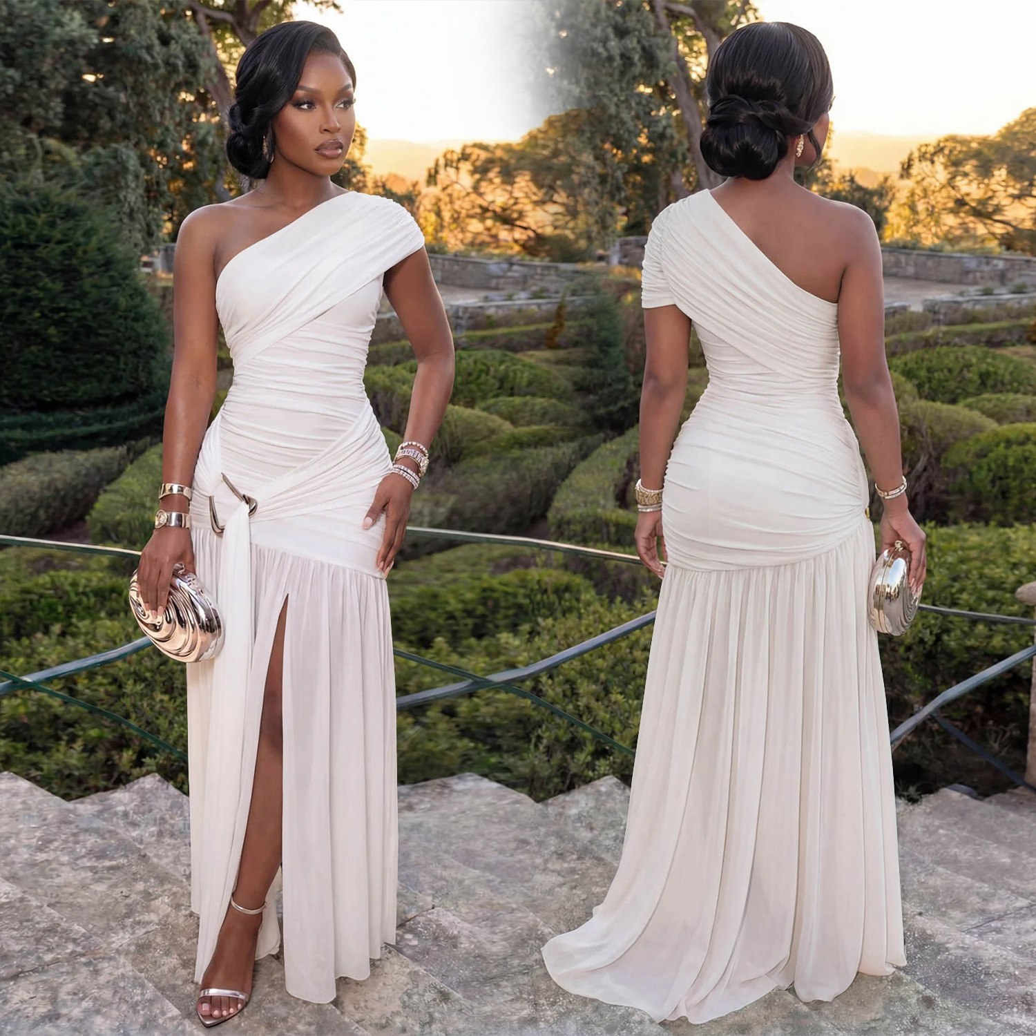 Sleeveless Slash Shoulder Split Dress for Evening Wear