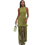 Women Spring Fringed Halter Neck Sexy Backless Dress