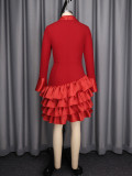 Women Red Patchwork Turndown Collar Long Sleeve Ruffled Party Bodycon Dress