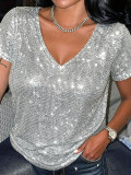 Women Silver V Neck Short Sleeve T-Shirt