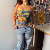 Women Color Block Floral Printed Sleeveless Strapless Holidays Top