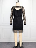 Women Lace Long Sleeve Sexy Cut-Out Heart Print Fringed Dress