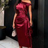 Women Burgundy One Shoulder Ruffled Formal Party Bodycon Dress