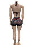 Women Leopard Print Halter Neck Sexy Bra Shorts Two Piece Set Clubwear Outfit