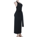 Women Sexy Backless Halter Neck Metal Split Buckle Sash Dress