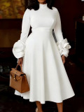 Plus Size Women Elegant High Neck Long Sleeve Floral Sleeve Dress