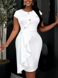 Women Sexy V Neck White Asymmetrical Ruffled Bodycon Dress