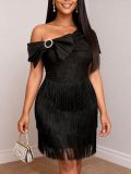 Women Jacquard Sexy Formal Party Black Slash Shoulder Rhinestone Bow Fringed Dress