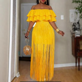 Plus Size Women African Yellow Off Shoulder Fringed Ruffled Formal Party Maxi Dress