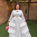 Plus Size Women Cut-Out Rhinestone Belt Multi-Layer Ruffled Formal Party Elegant Pleated Dress